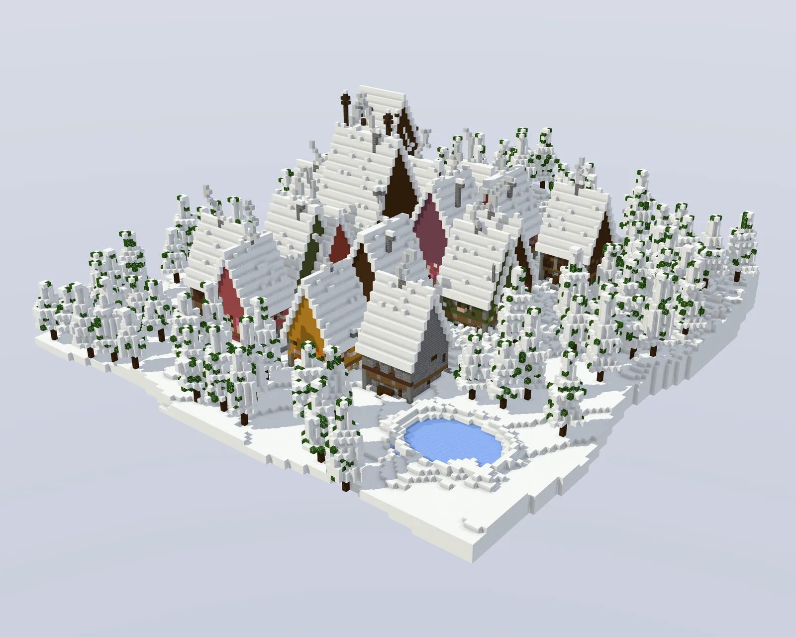 A snowy village in blocks, built by Holo