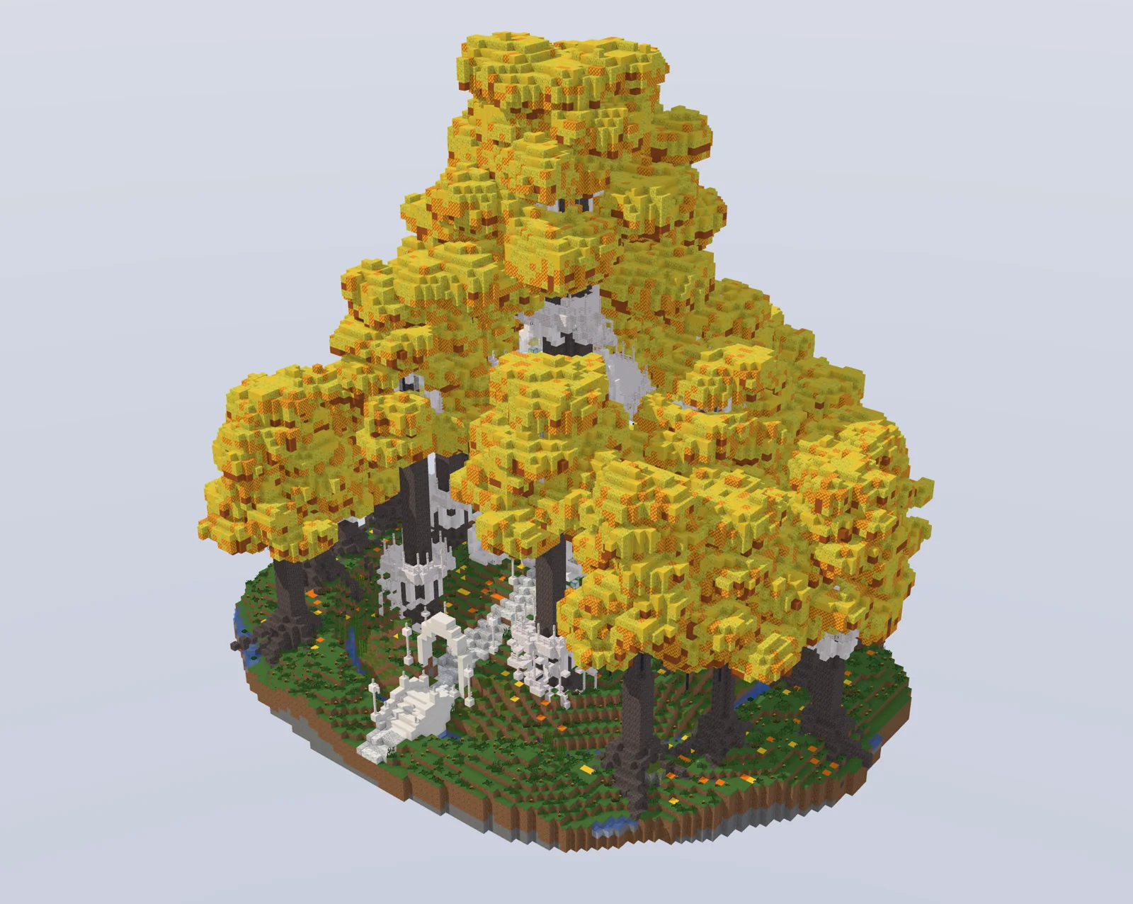 Caras Galadhon, a golden Minecraft forest, built by Holo