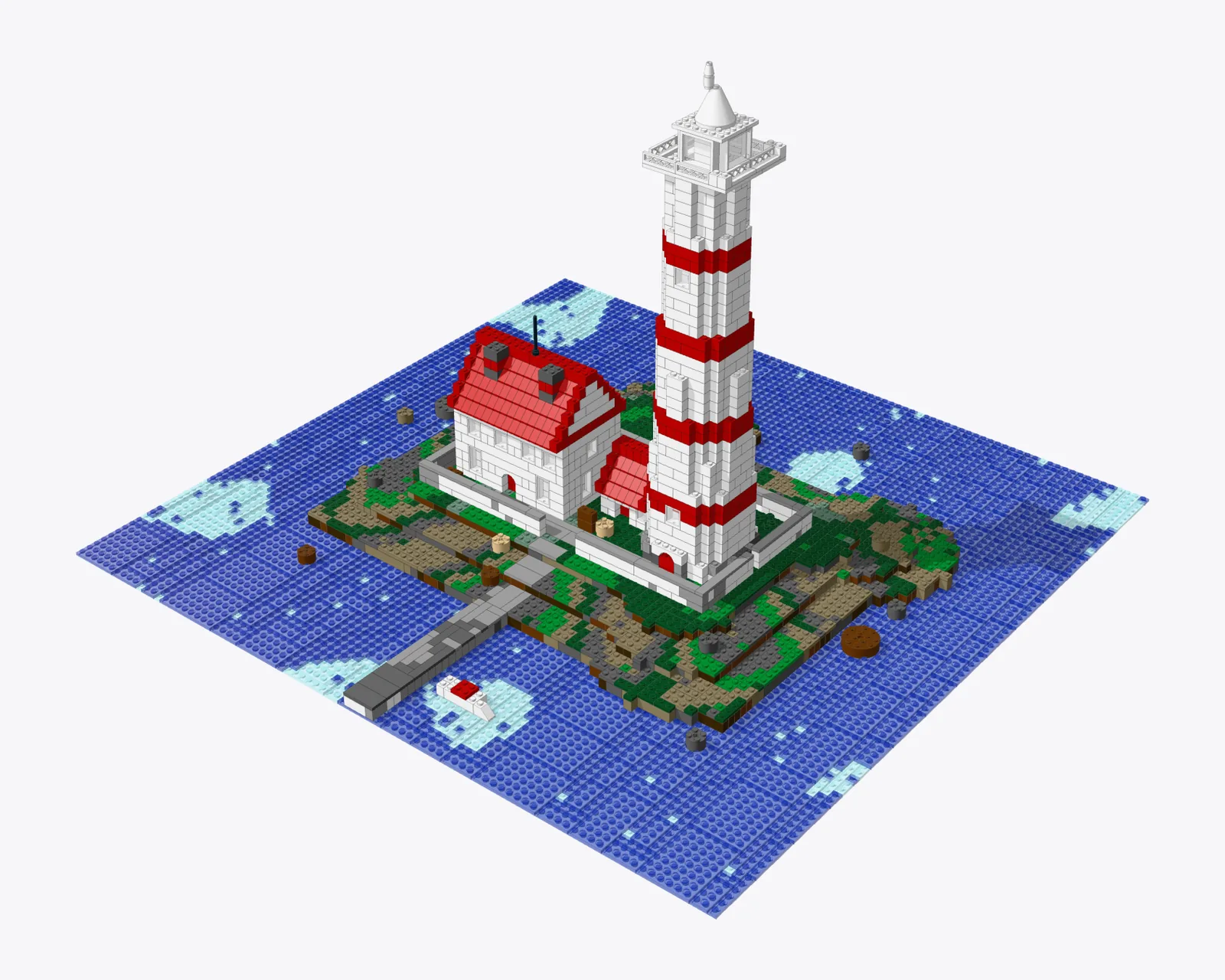 A brick lighthouse on a rocky island with the keeper's cottage, built by Holo